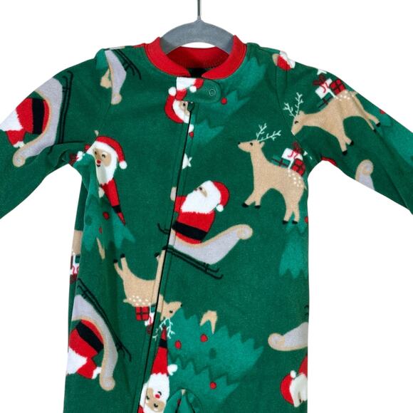 Carter’s Pajama Onesie Baby 12M Green Santa Reindeer Footed Holiday Christmas - Picture 2 of 6